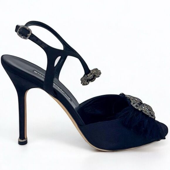 Rare Black MANOLO BLAHNIK Hangisi Crystal & Fringe Embellished Heels Siz… - Picture 2 of 10